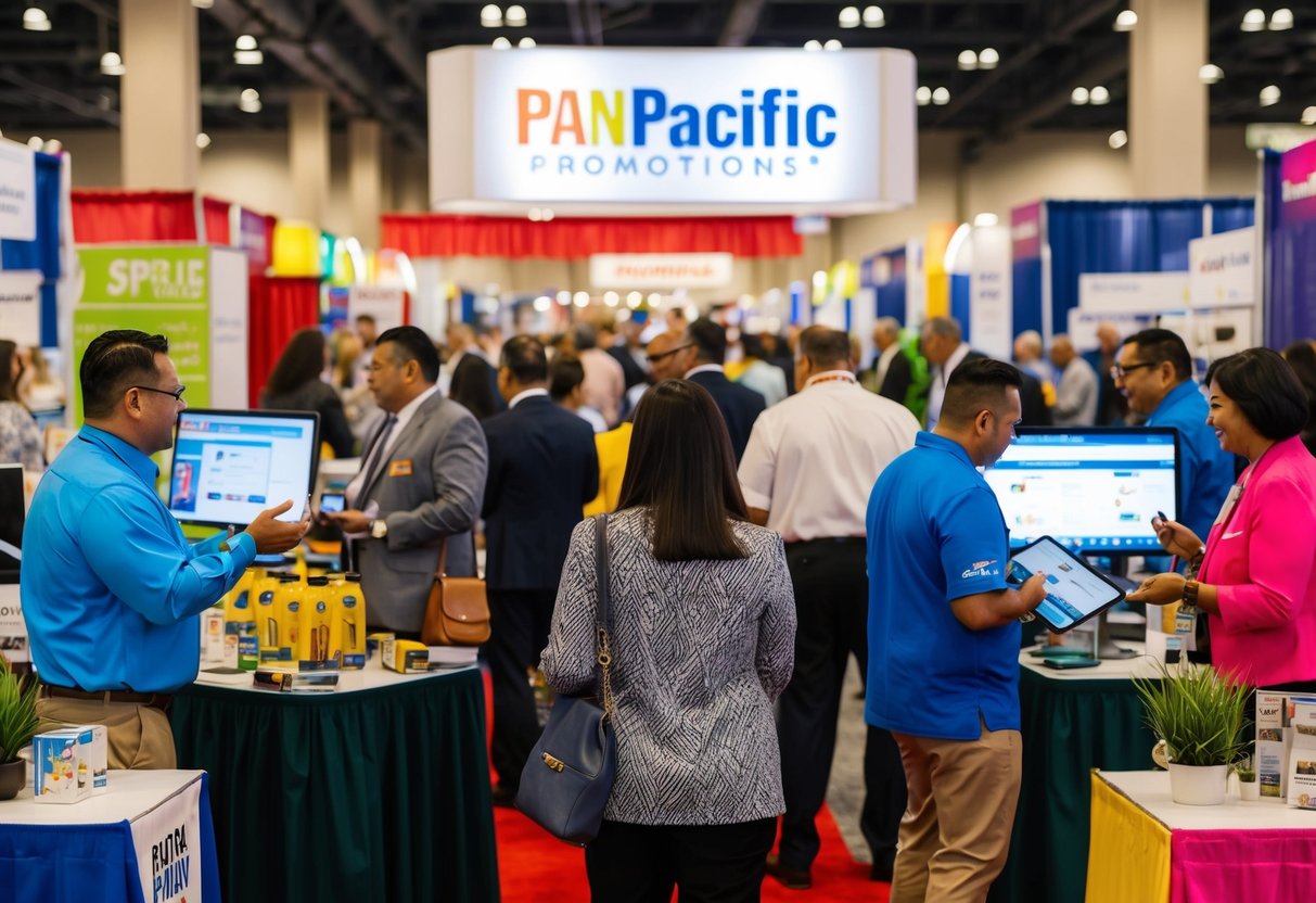 A bustling trade show with colorful booths and lively demonstrations, showcasing Pan Pacific Promotions' products and services