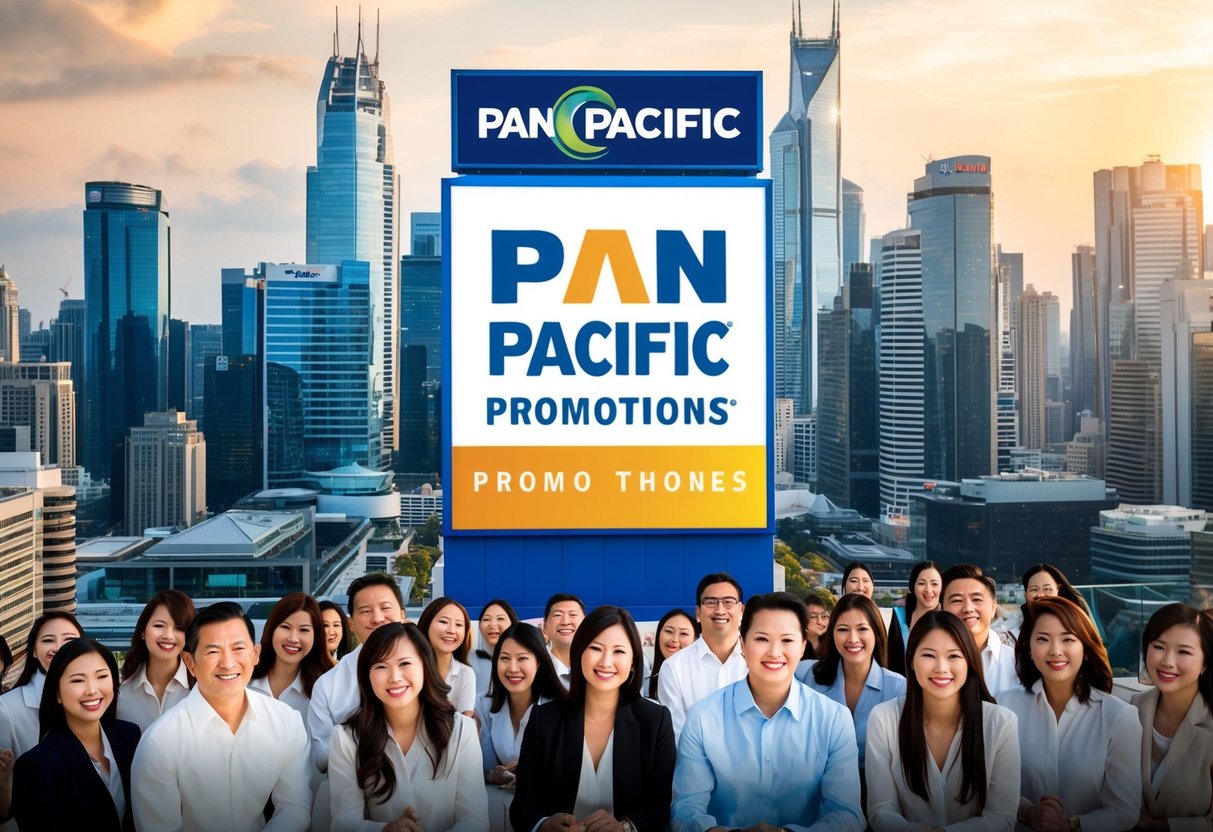 A bustling city skyline with Pan Pacific Promotions logo prominently displayed on a billboard, surrounded by happy customers enjoying various benefits