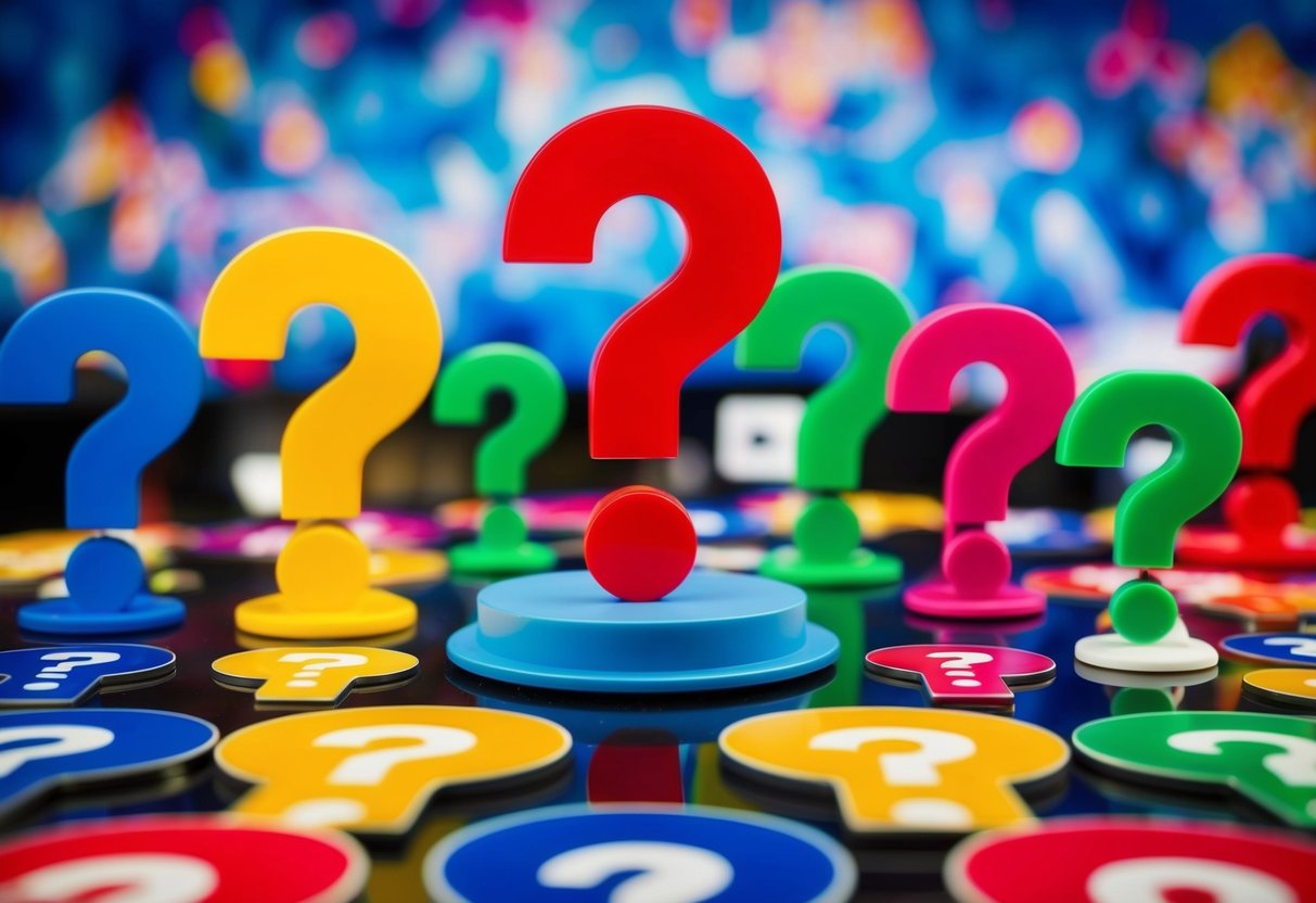 A colorful display of various question marks surrounded by vibrant promotional items and logos