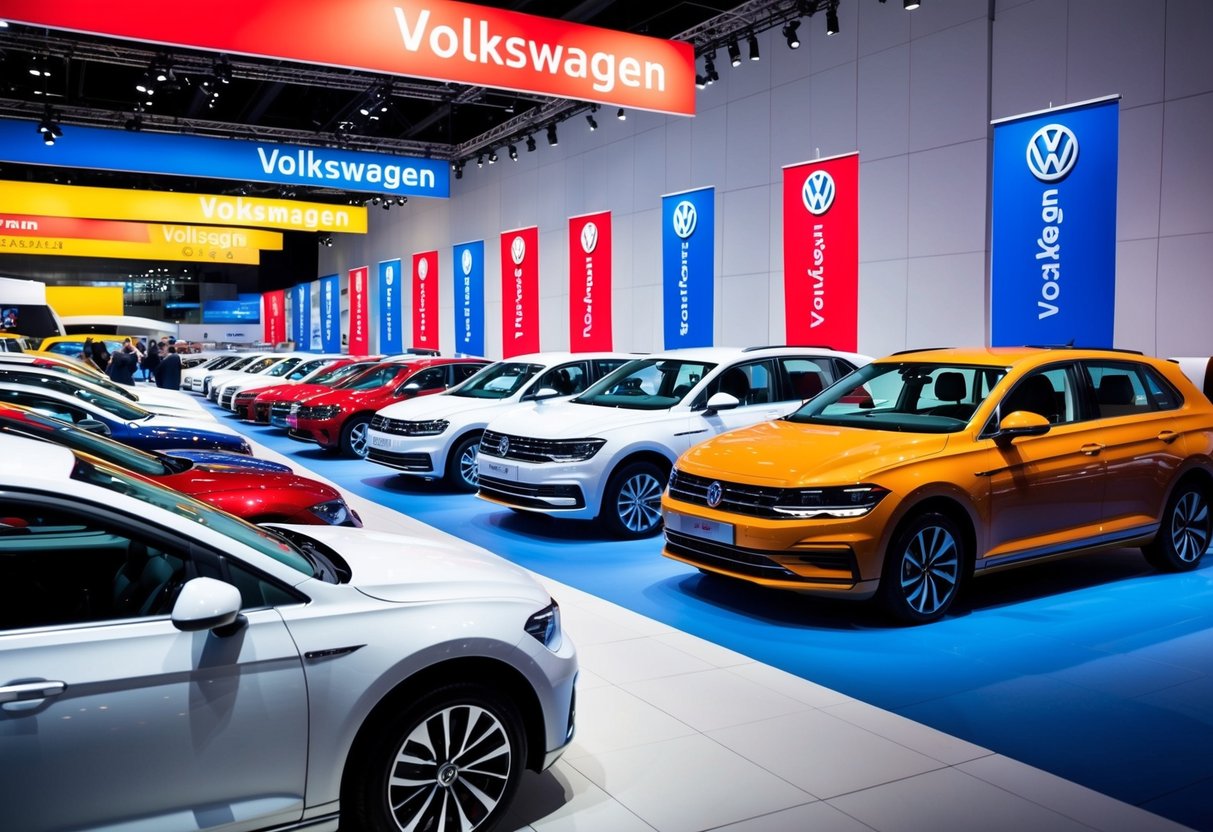 A colorful display of Volkswagen vehicles with promotional banners and flags