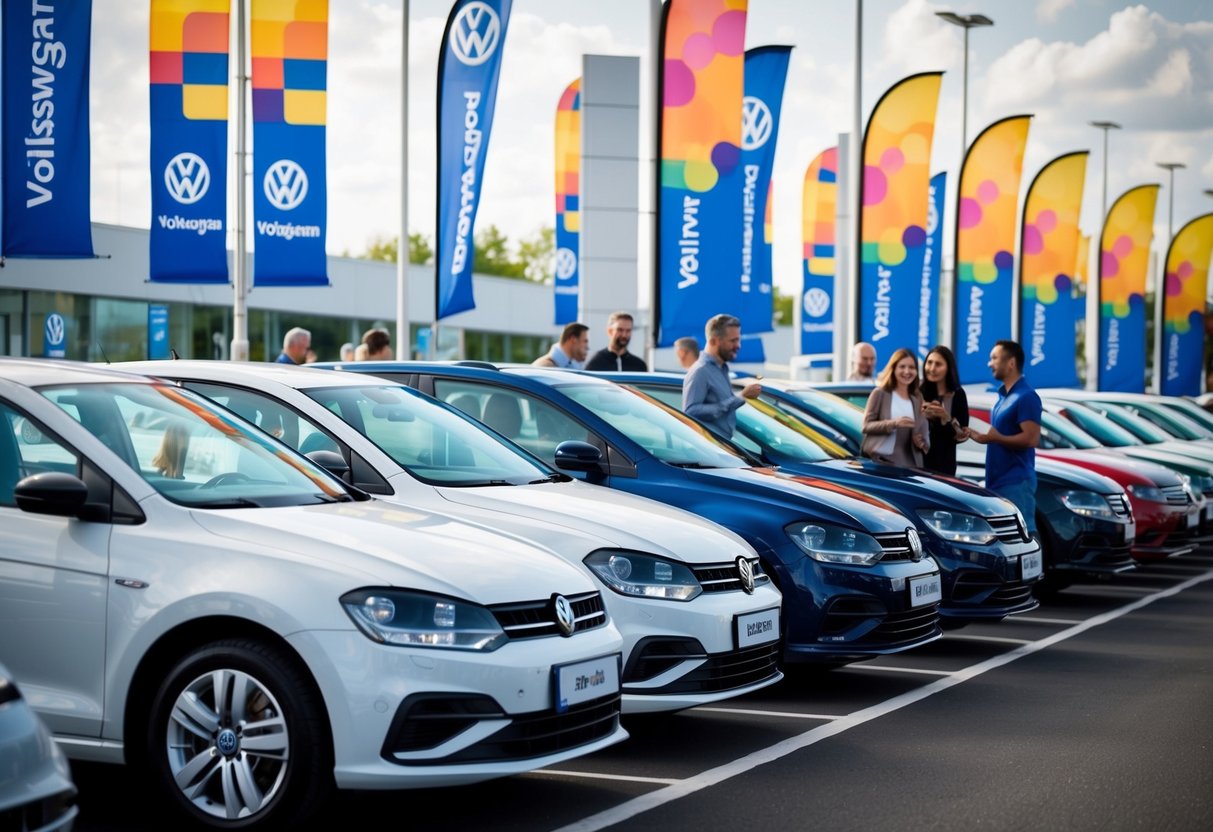 A bustling car dealership with rows of shiny Volkswagen vehicles, colorful banners, and excited customers browsing the latest models