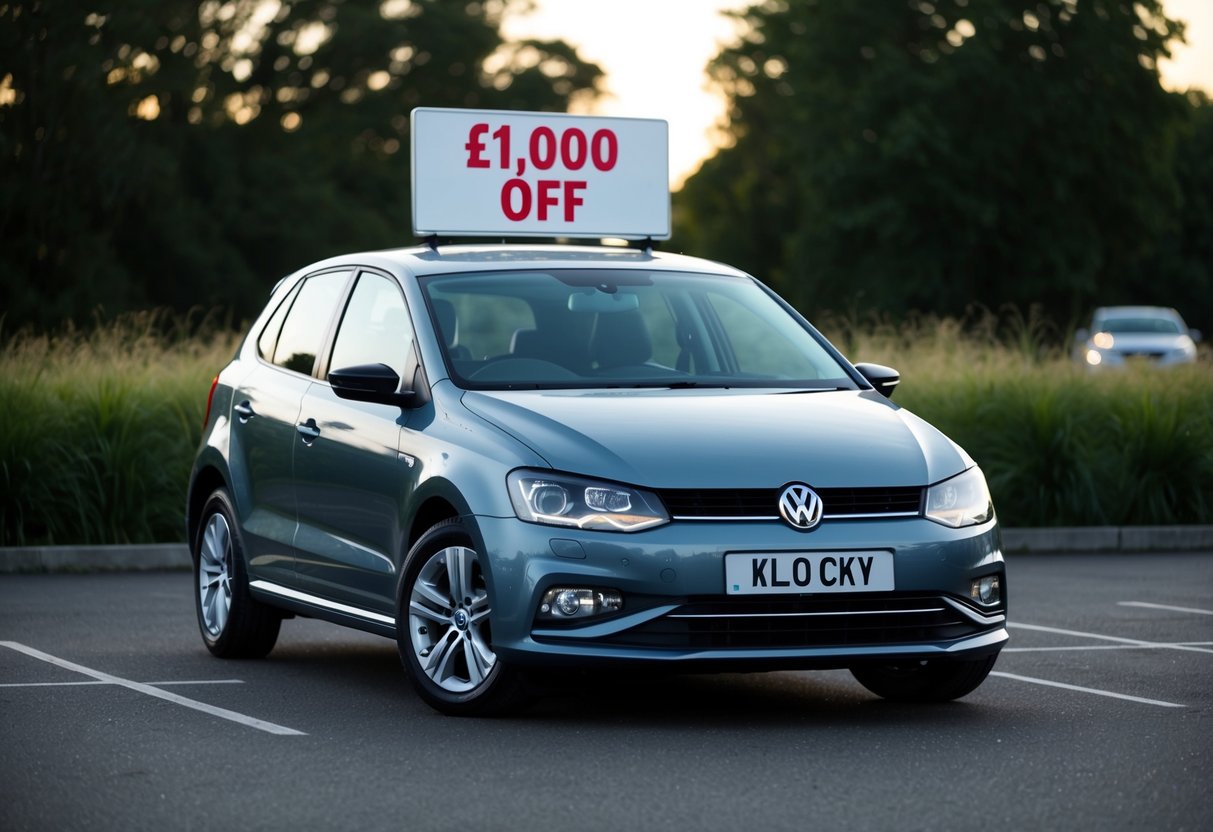 A sleek new Volkswagen Polo parked with a large "£1,000 off" sign displayed prominently on the windshield