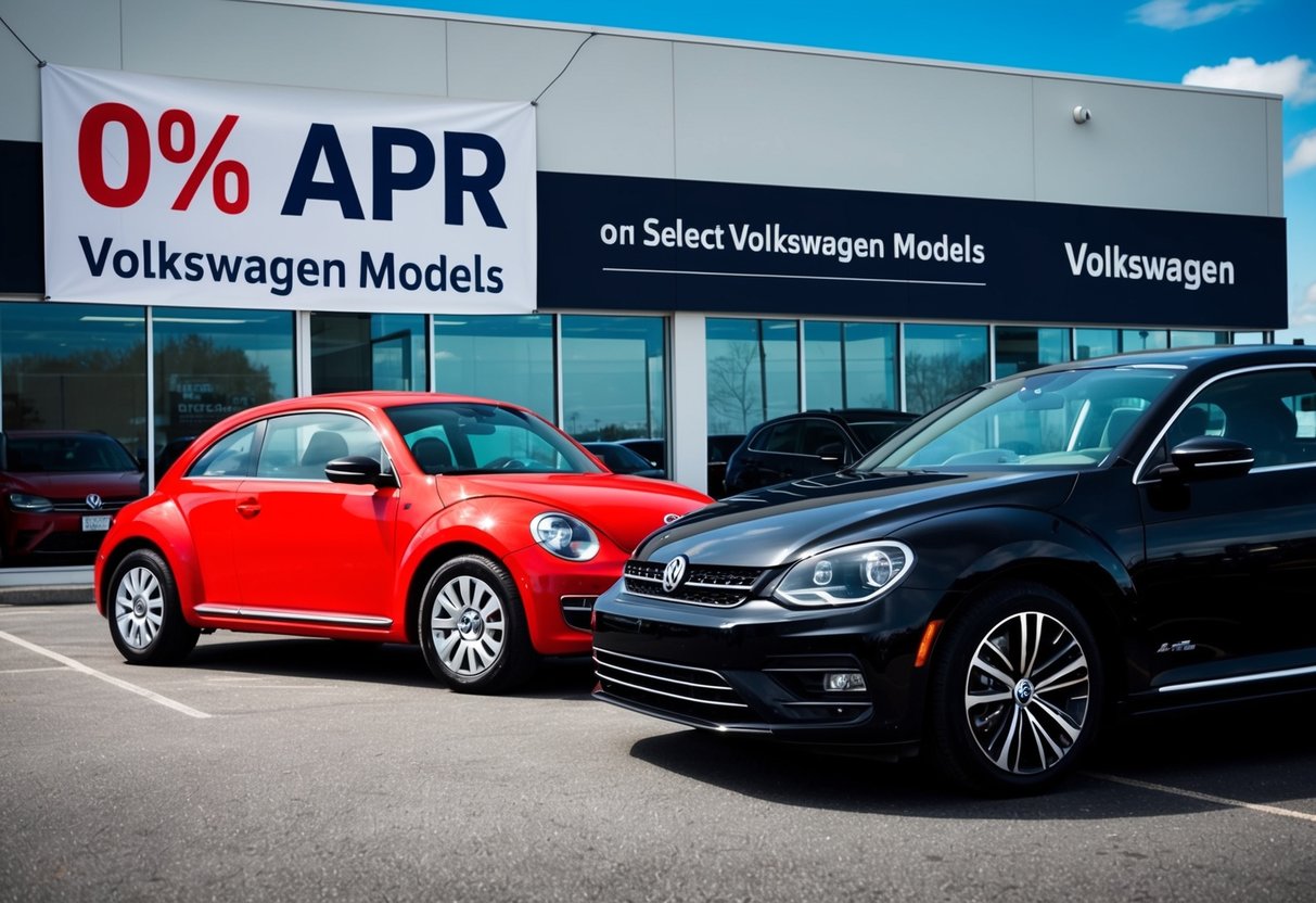 A bright red Volkswagen Beetle and a sleek black Jetta parked side by side with a large "0% APR on Select Volkswagen Models" banner overhead