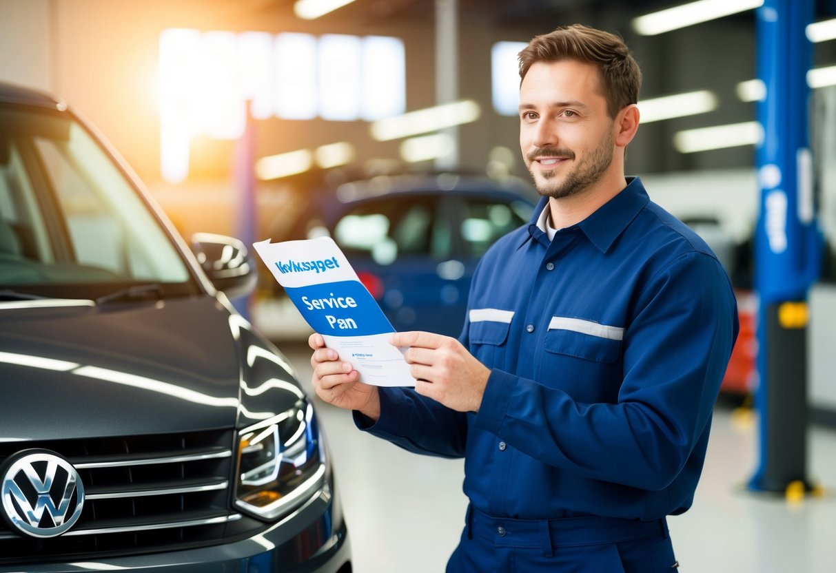 A Volkswagen vehicle receiving maintenance with a mechanic holding a service plan brochure