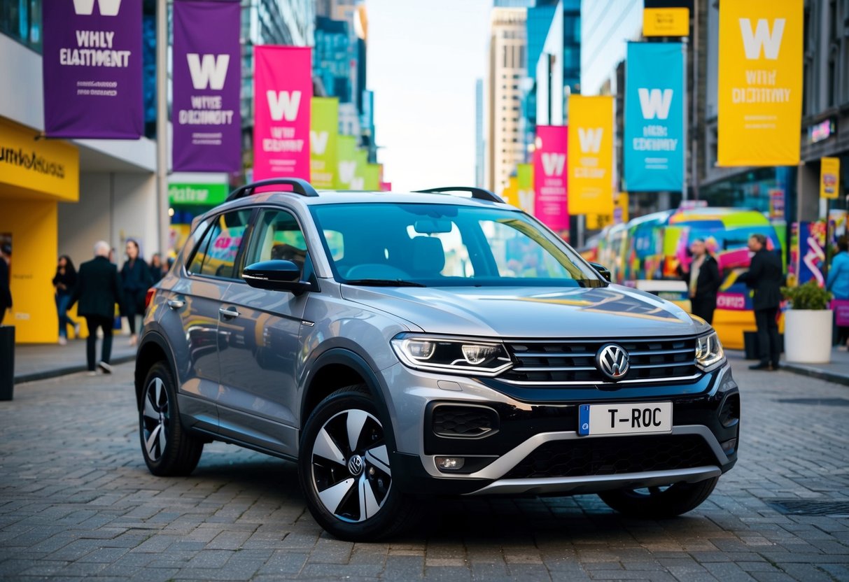 A Volkswagen T-Roc parked in a vibrant, bustling city street, surrounded by colorful promotional banners and signs. A sense of urgency and excitement in the air