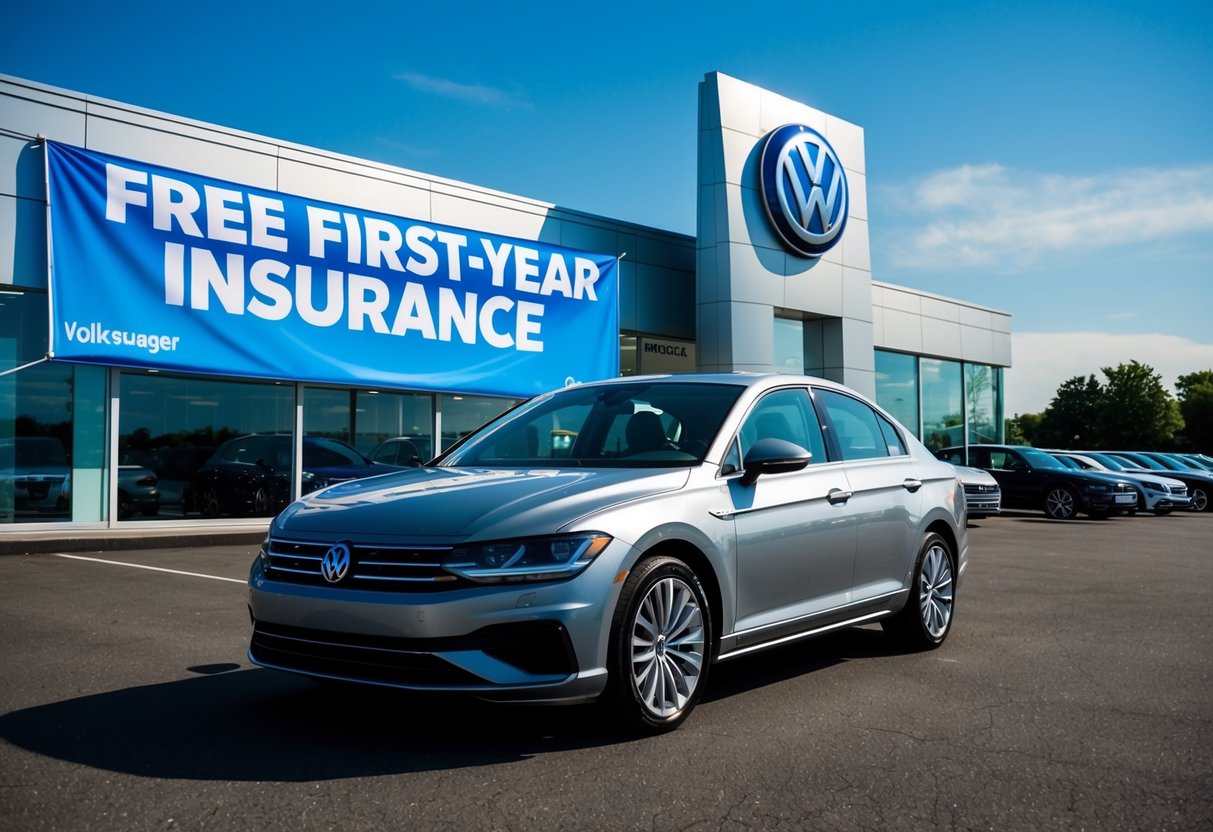 A sleek Volkswagen car parked in front of a dealership, with a large banner advertising "Free First-Year Insurance" draped across the building