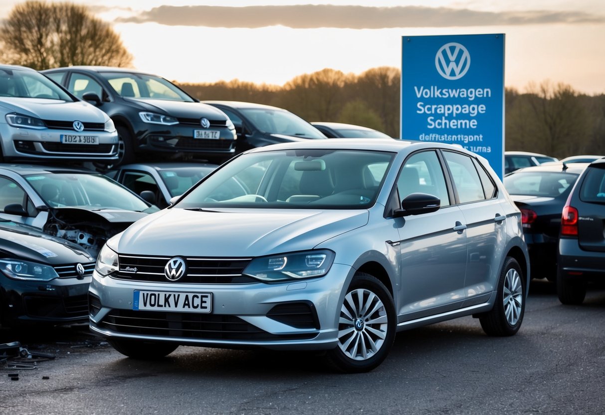 A shiny new Volkswagen parked beside a pile of scrapped cars, with a sign promoting the Volkswagen Scrappage Scheme