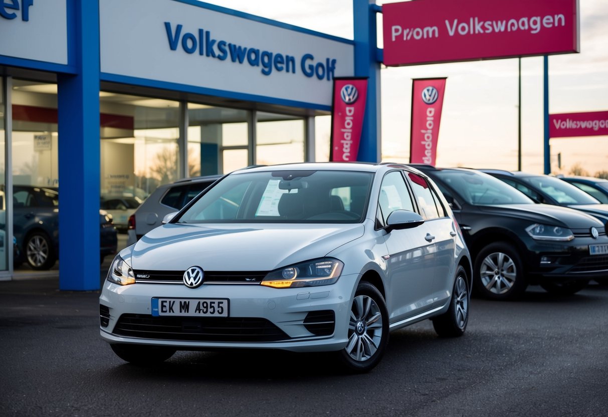 A Volkswagen Golf parked in front of a dealership with promotional banners and signs