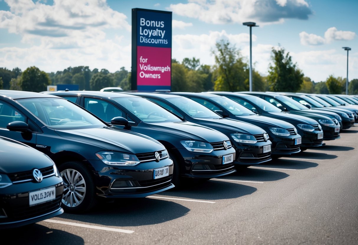 A group of Volkswagen cars parked in a row, with a large sign advertising "Bonus Loyalty Discounts for Volkswagen Owners" displayed prominently