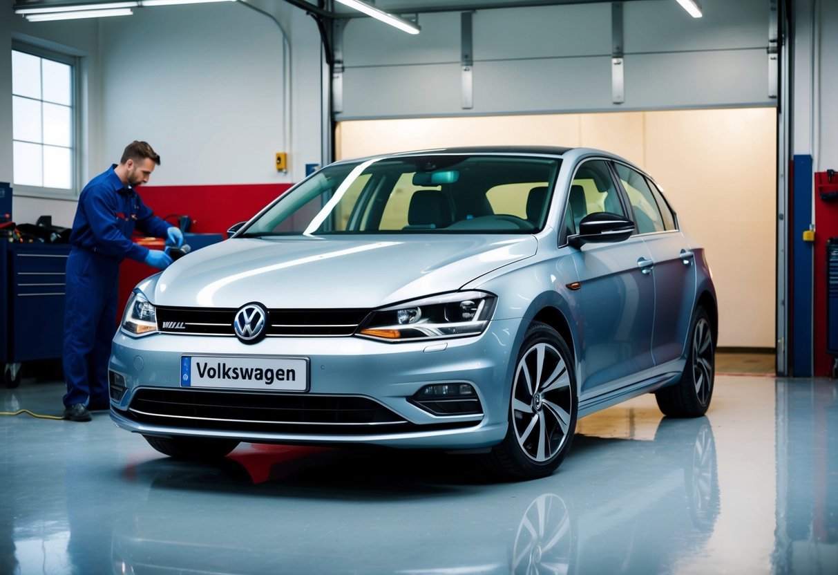 A Volkswagen car parked in a clean, well-lit garage with a mechanic performing routine maintenance