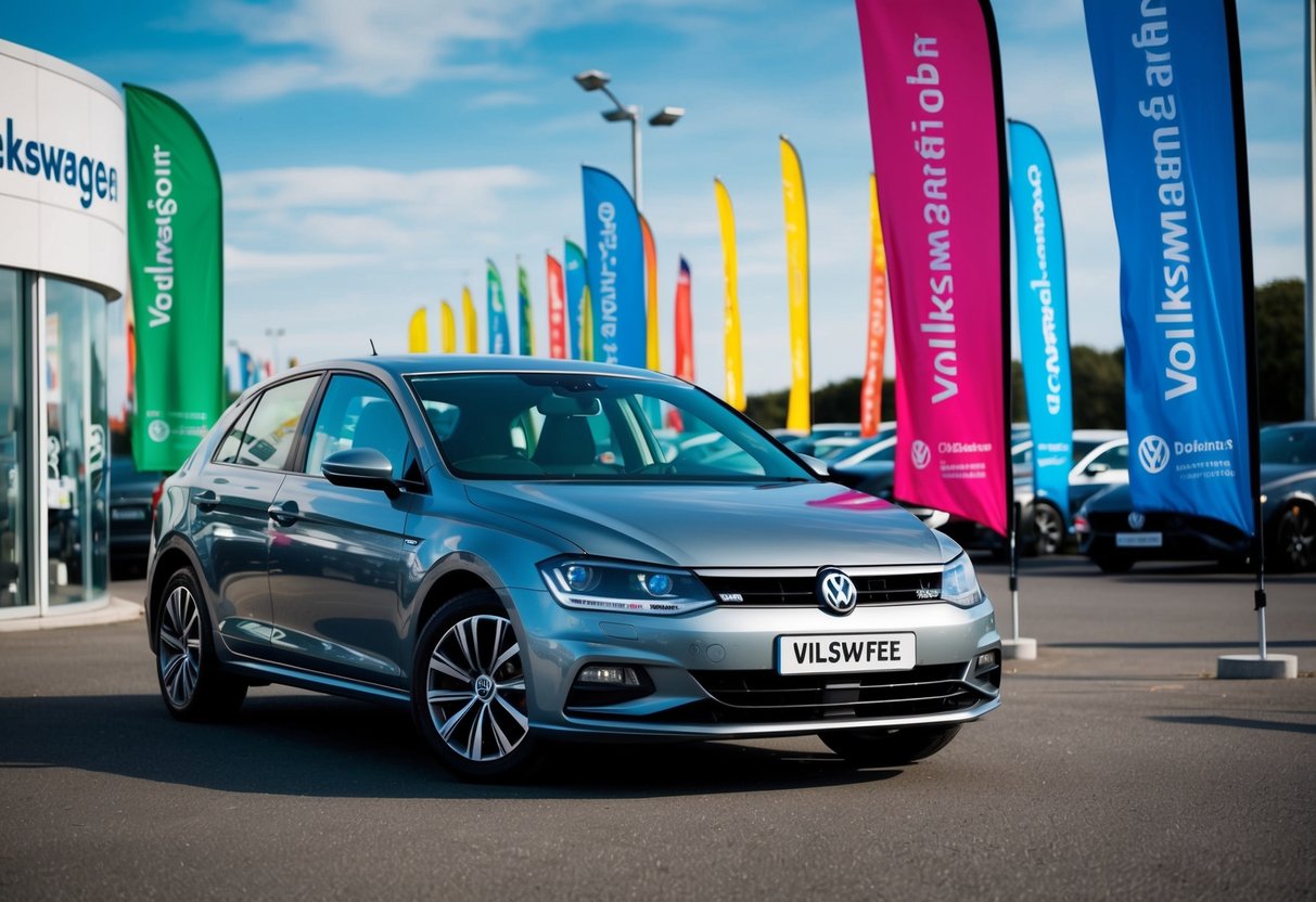 A sleek Volkswagen car parked in front of a dealership, surrounded by colorful promotional banners and flags fluttering in the wind
