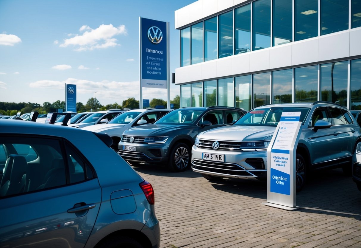 A car dealership with Volkswagen vehicles on display, accompanied by promotional banners and finance option information