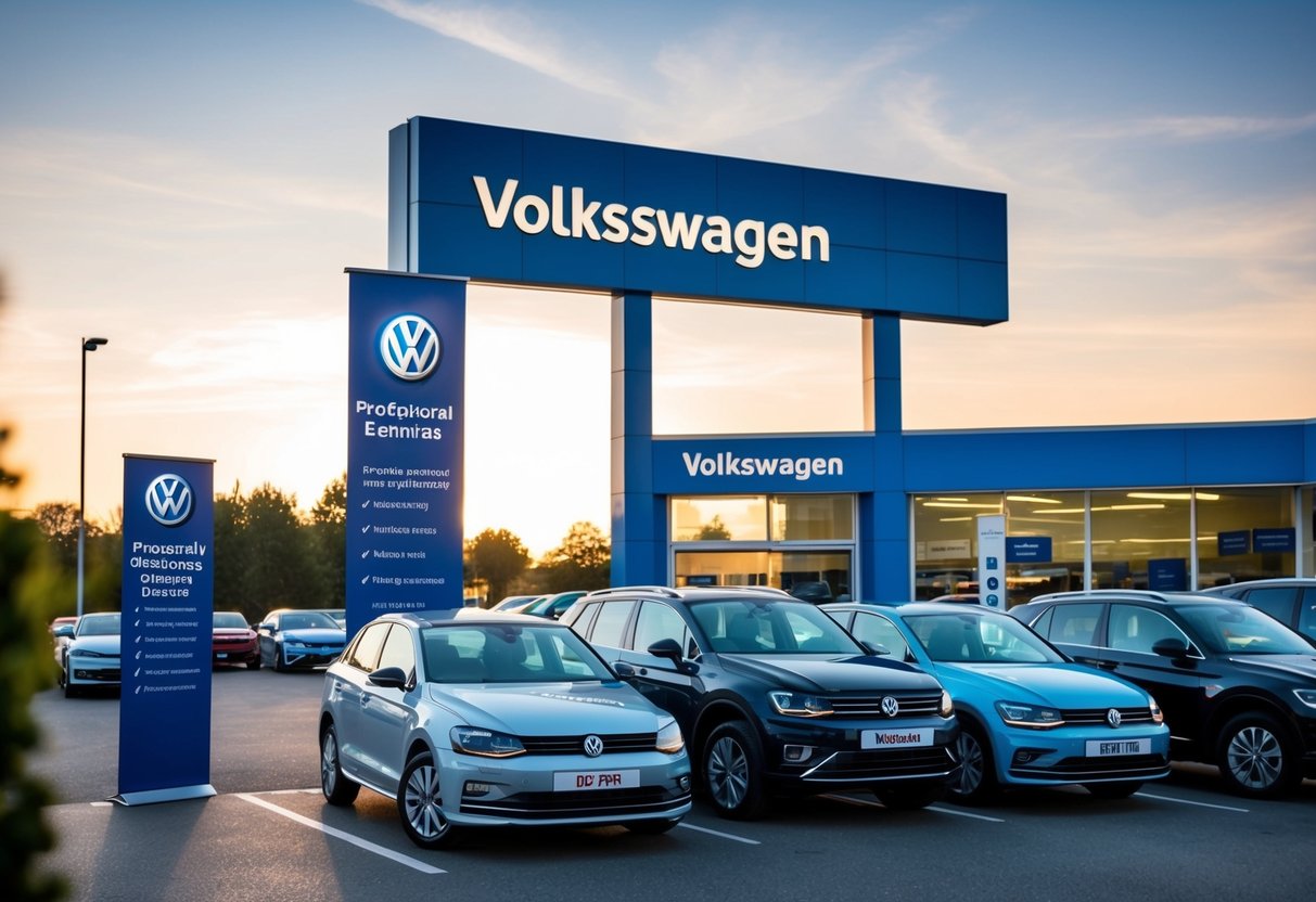 A Volkswagen dealership with promotional banners and a display of frequently asked questions