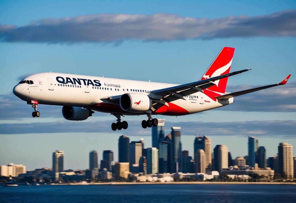 A Qantas airplane flying over a vibrant city skyline with the airline's logo prominently displayed