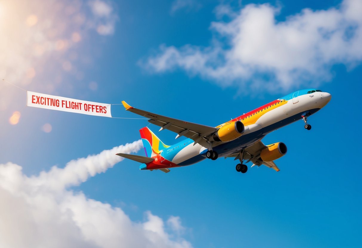 A colorful airplane flying through a clear blue sky with a banner of "Exciting Flight Offers" trailing behind