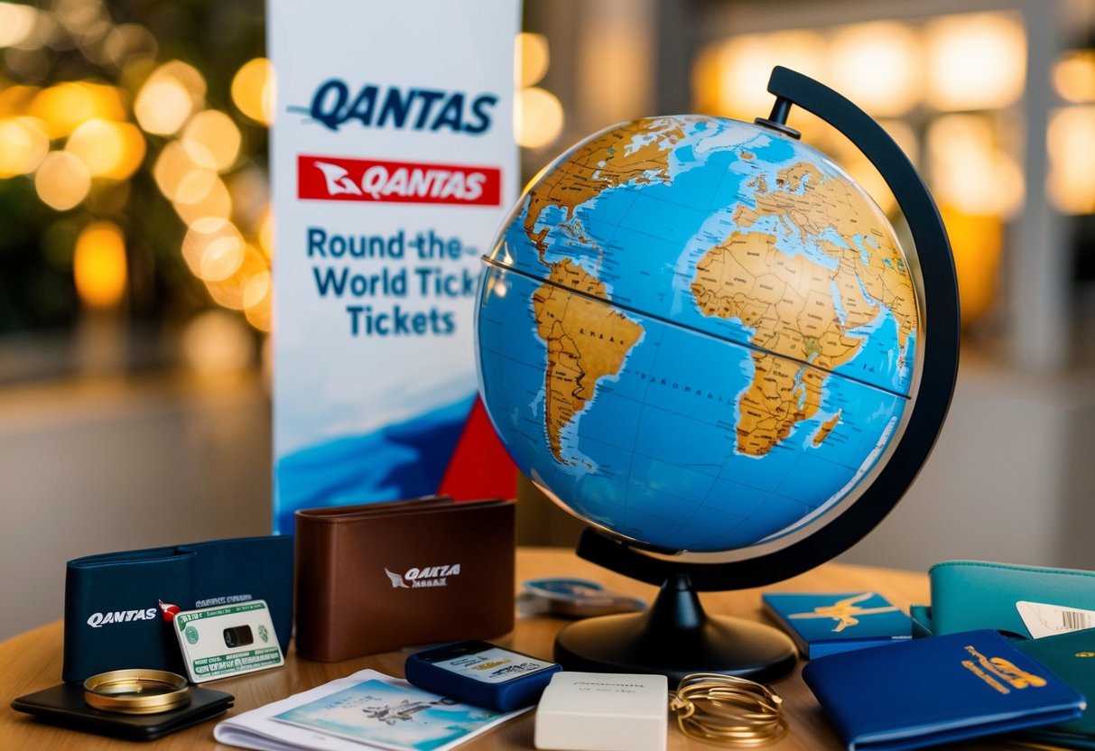 A globe surrounded by travel-related items and a Qantas logo, with a banner advertising discounted round-the-world tickets