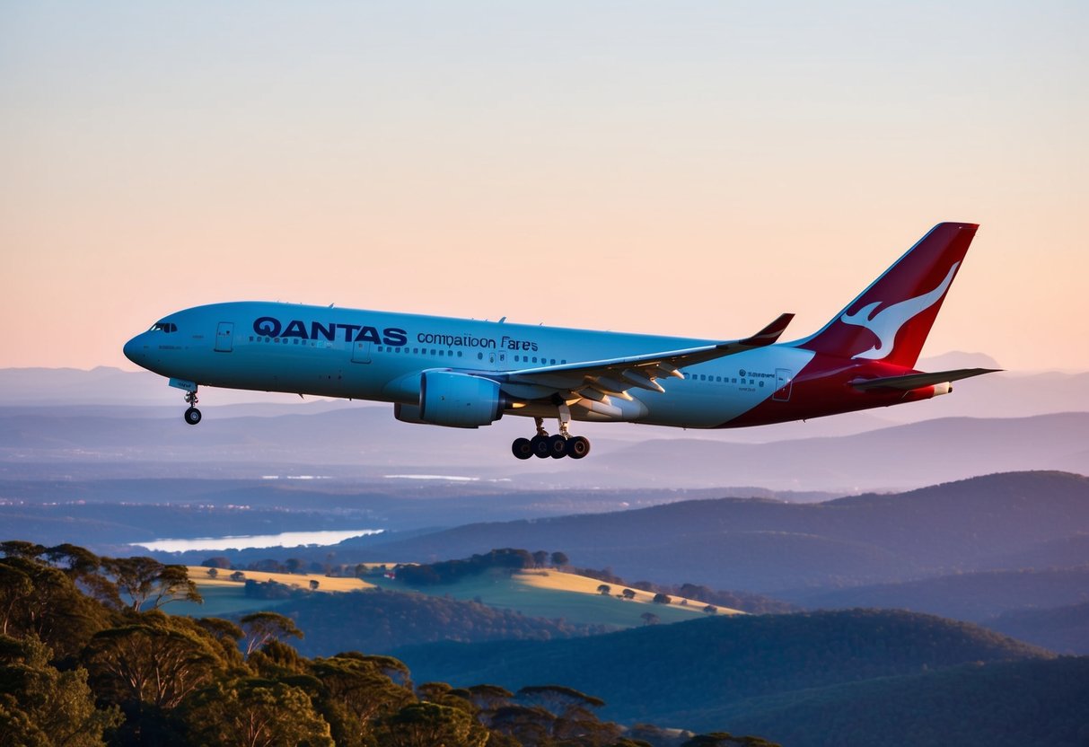 A Qantas plane flying over a picturesque landscape with the words "Exclusive Companion Fares" displayed prominently