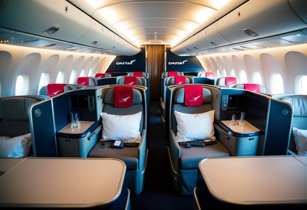 A luxurious business class cabin with Qantas branding, featuring spacious seats, elegant decor, and attentive service
