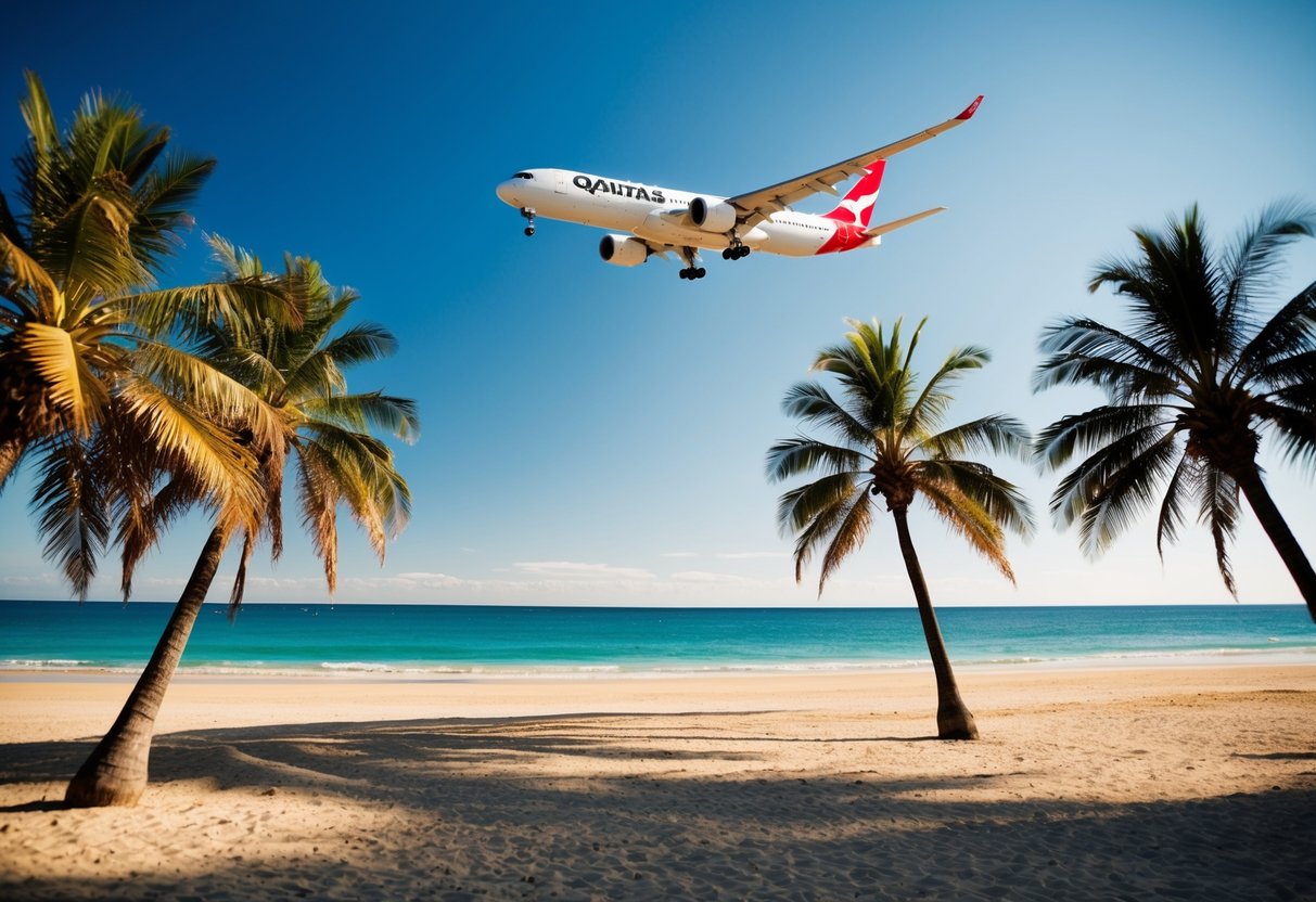 A sunny beach with palm trees, a clear blue sky, and a Qantas airplane flying overhead