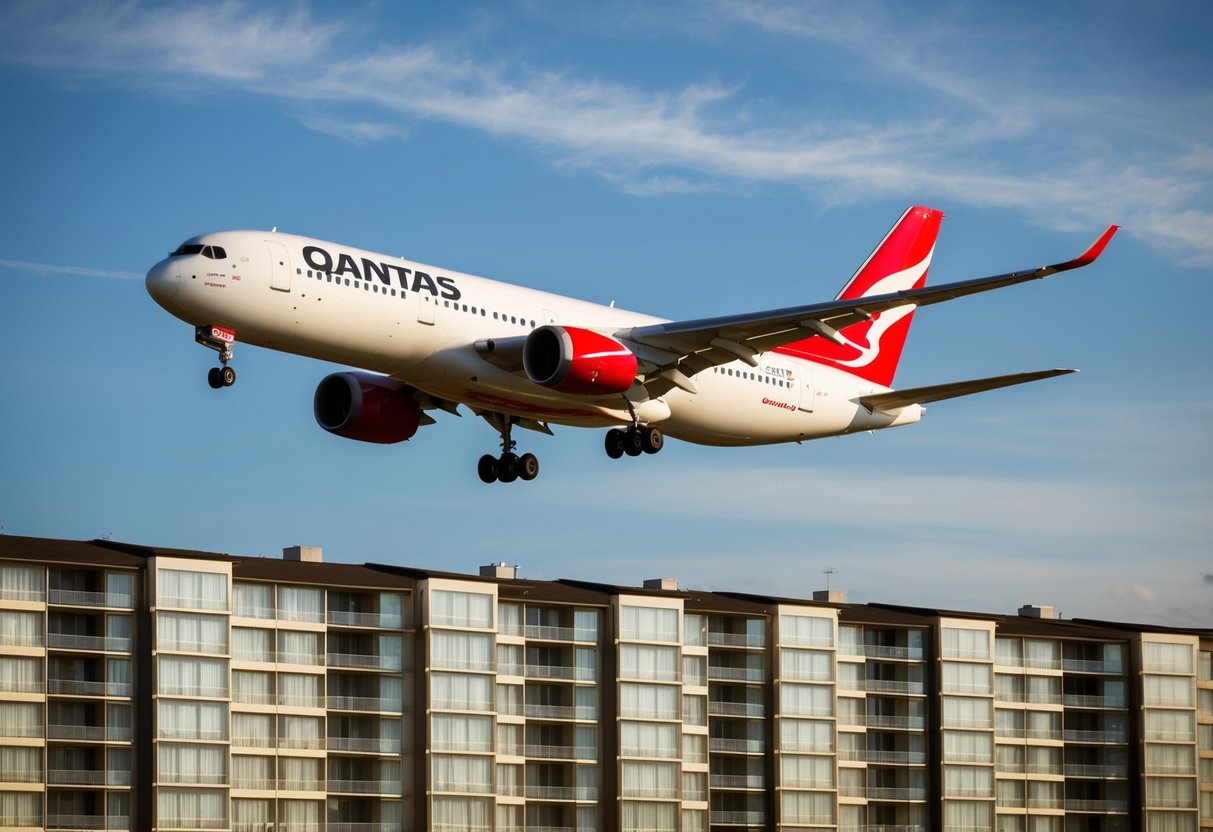 A Qantas airplane flying over a row of hotels with Qantas logos