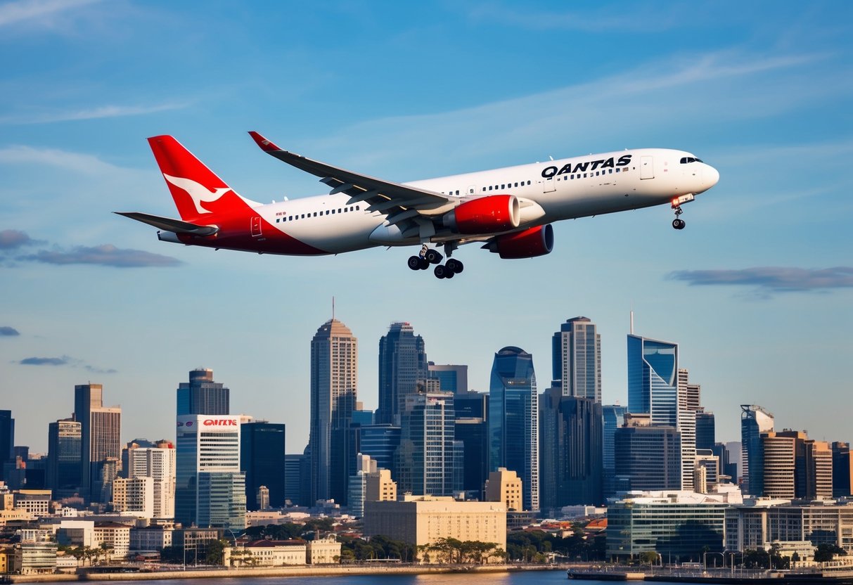 A Qantas airplane flying over a vibrant city skyline with promotional banners displayed on buildings