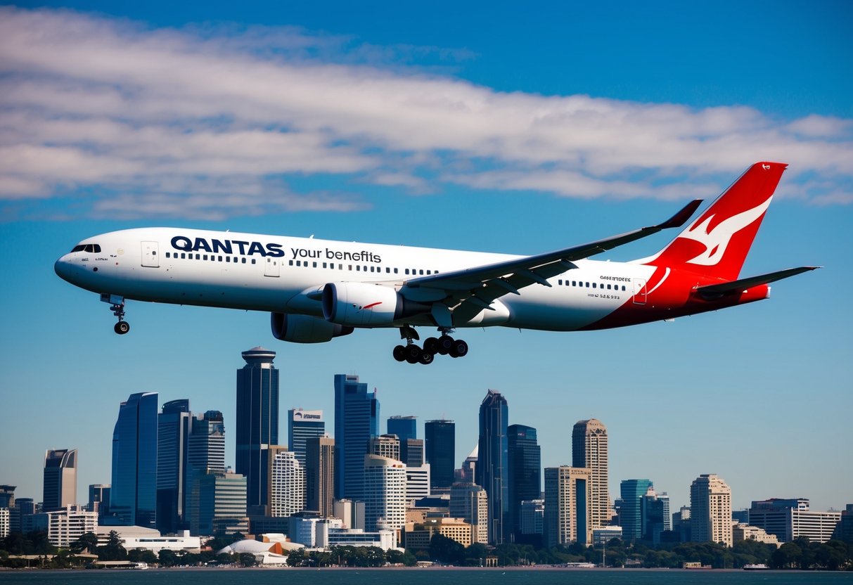 A Qantas plane flying over a city skyline with a banner promoting "Maximising Your Benefits" in the sky