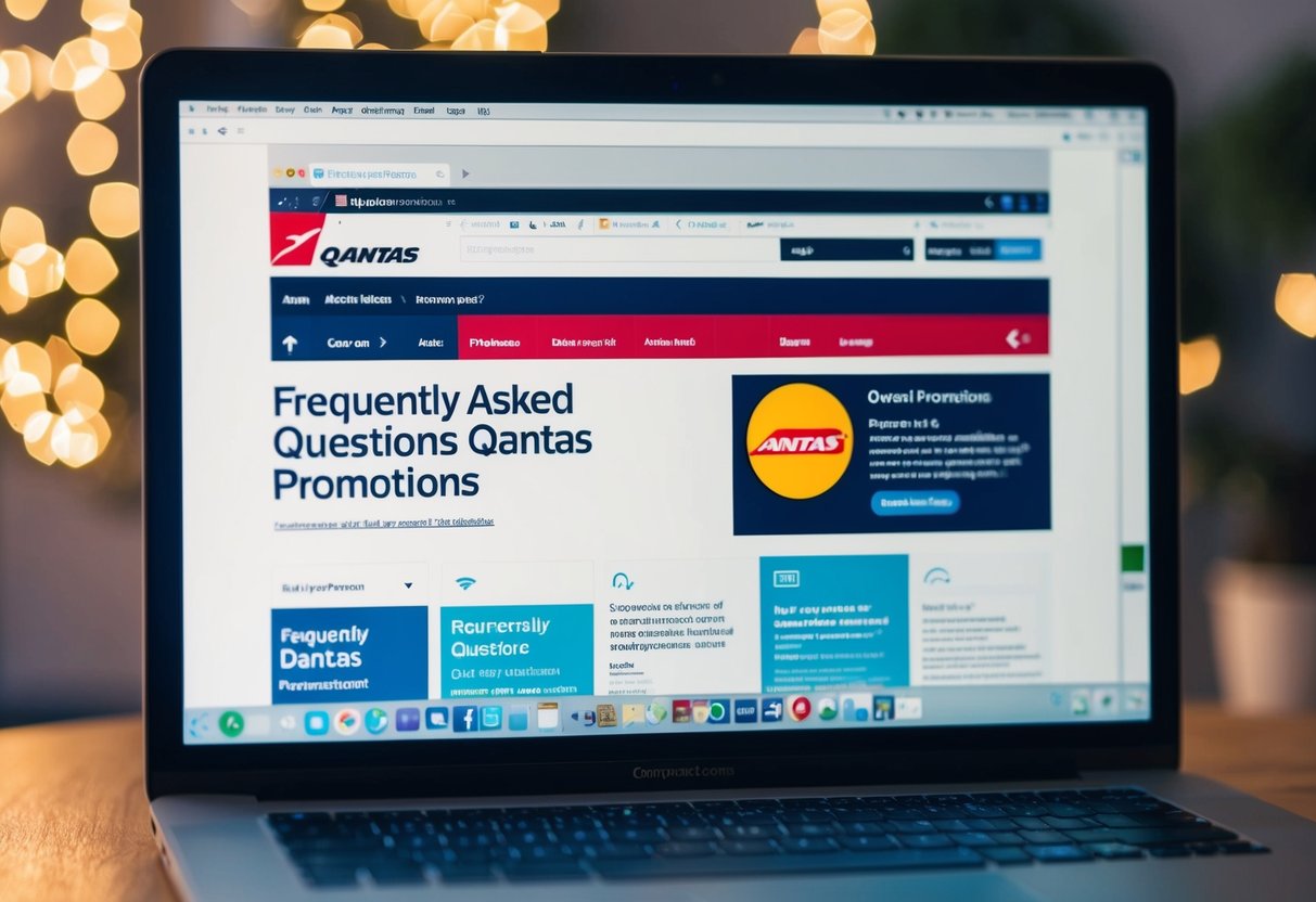 A computer screen showing a webpage with the title "Frequently Asked Questions Qantas Promotions" and various sections of information