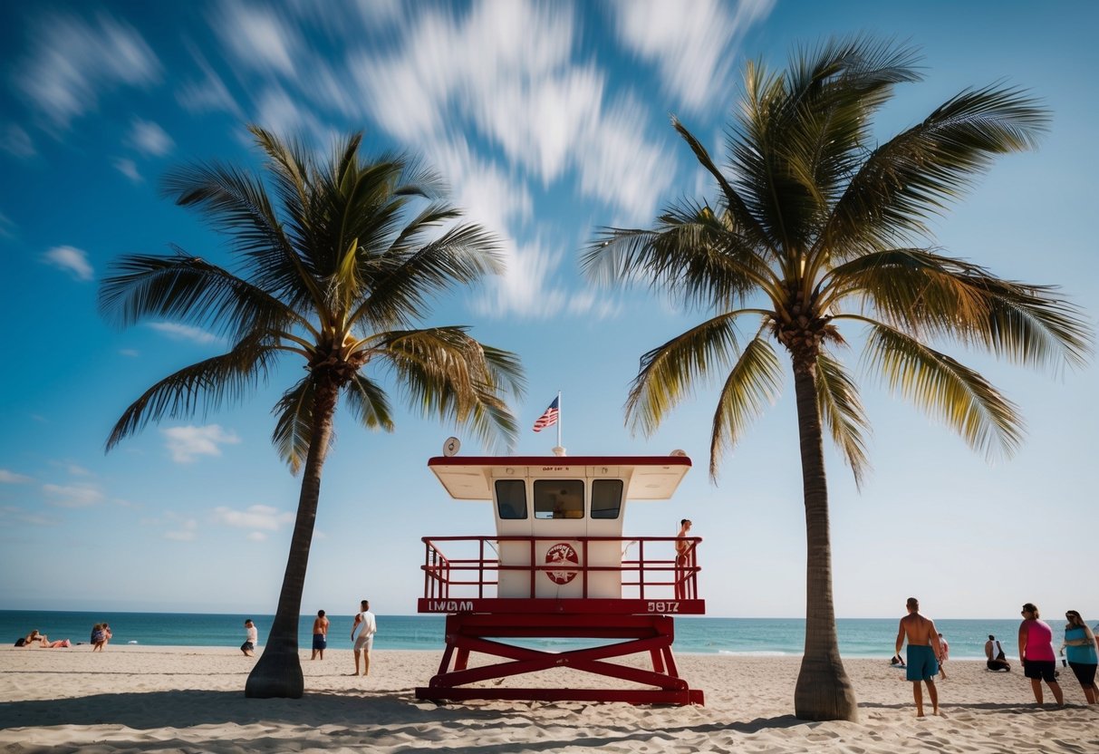 A sunny beach with palm trees, a lifeguard tower, and people wearing Ray-Ban sunglasses