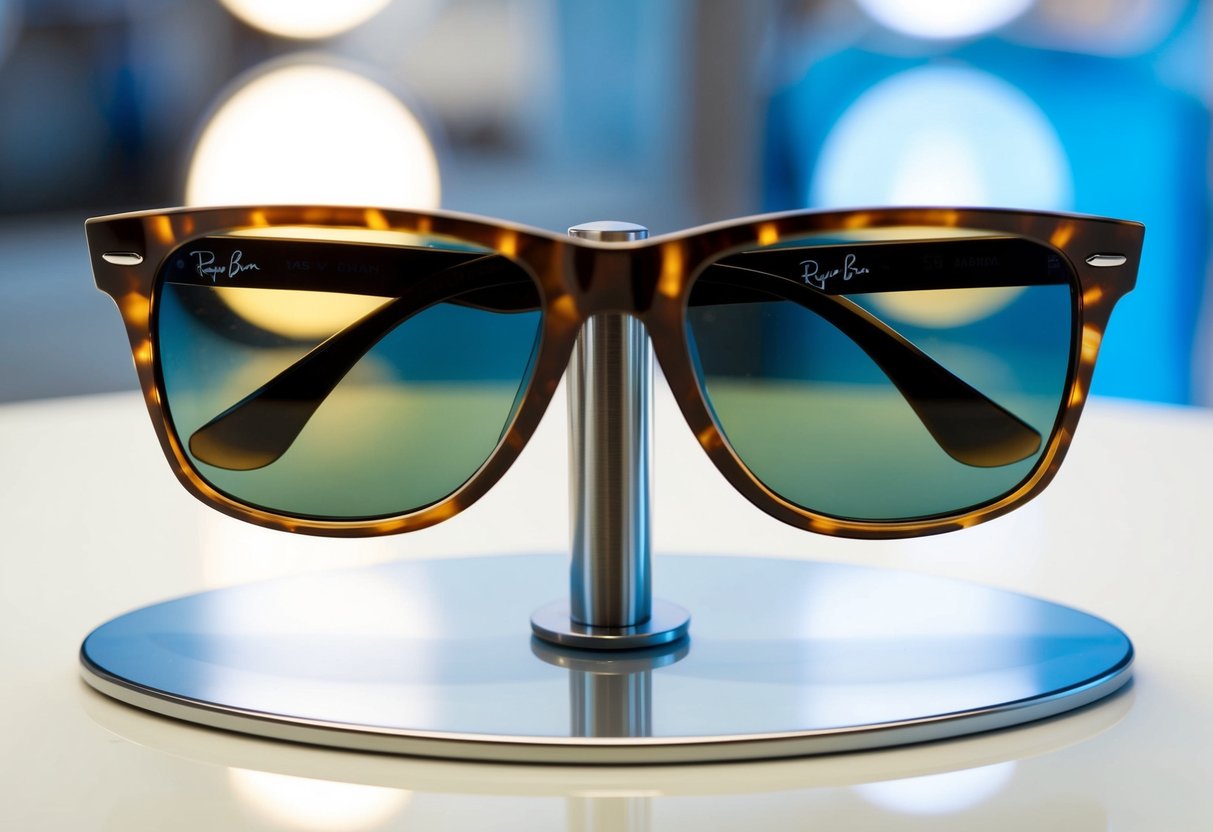 A pair of Ray-Ban Wayfarer sunglasses displayed on a sleek, modern promotional stand with bright, eye-catching lighting