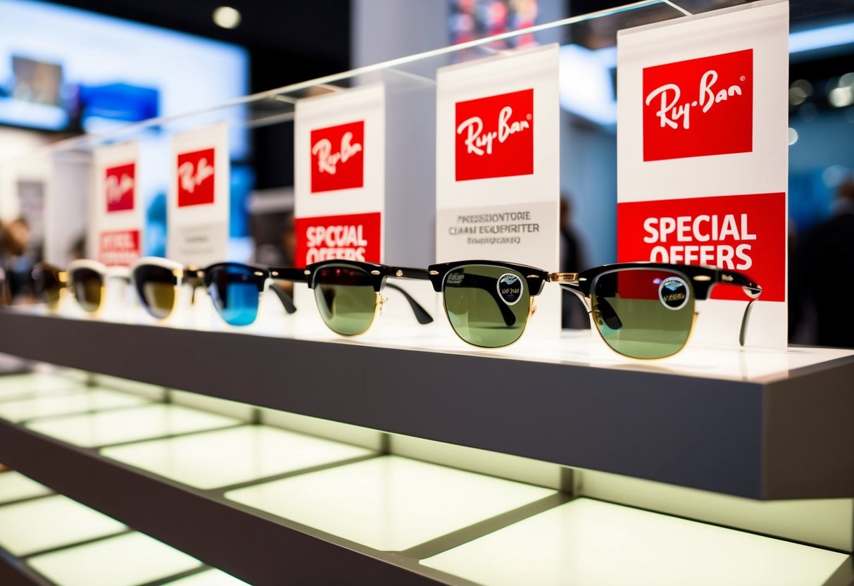 A sleek, modern display featuring various Ray-Ban Clubmaster sunglasses with promotional signage and special offers
