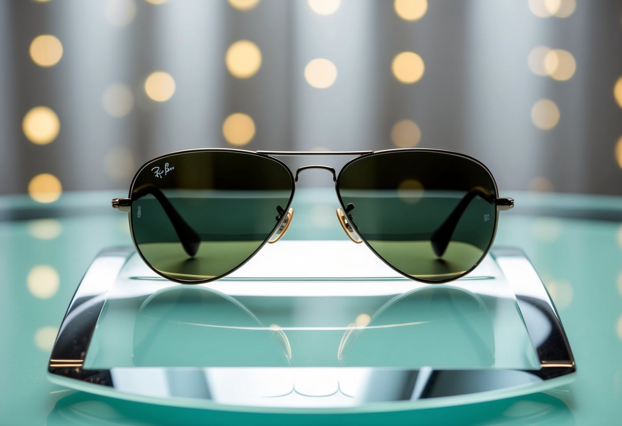 A sleek pair of Ray-Ban Aviators displayed on a polished glass surface, surrounded by soft, diffused lighting