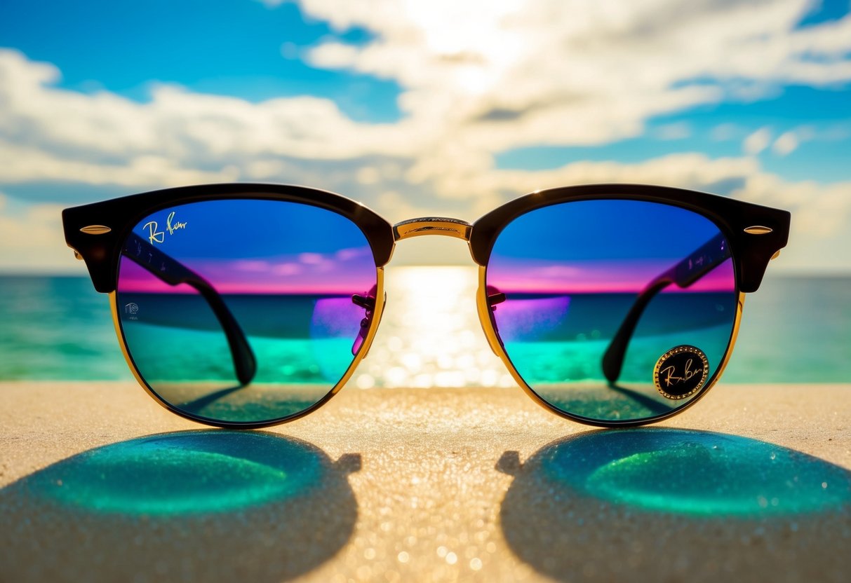 A sunny beach with a pair of Ray-Ban sunglasses reflecting the vibrant colors of the ocean and sky