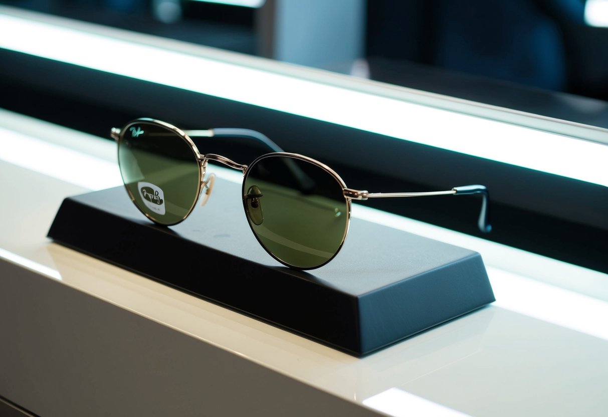 A display of Ray-Ban Round Metal sunglasses on a sleek, modern sales counter. Bright lights highlight the stylish frames and lenses