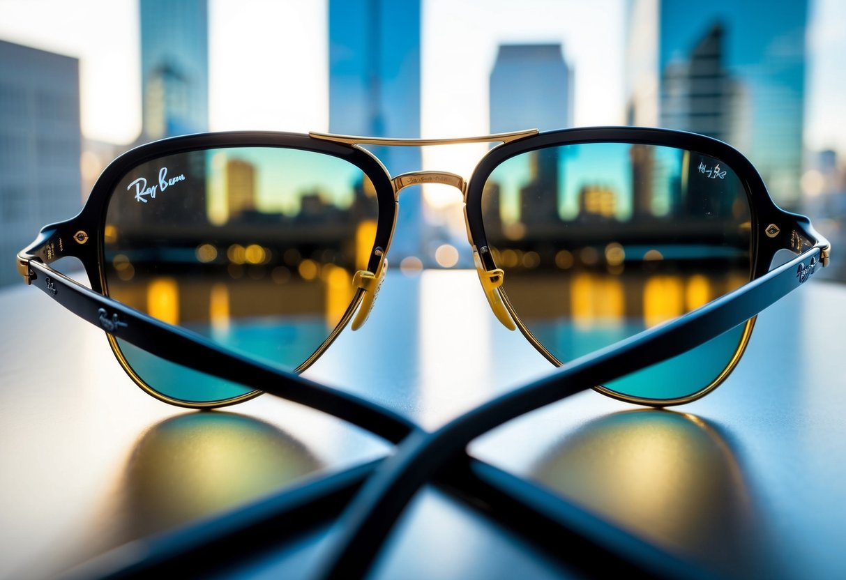 A pair of Ray-Ban Justin sunglasses displayed on a sleek, modern table with a reflection of city buildings in the lenses