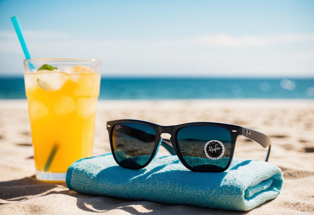 A sunny beach with a pair of Ray-Ban Polarised Sunglasses placed on a towel next to a refreshing drink