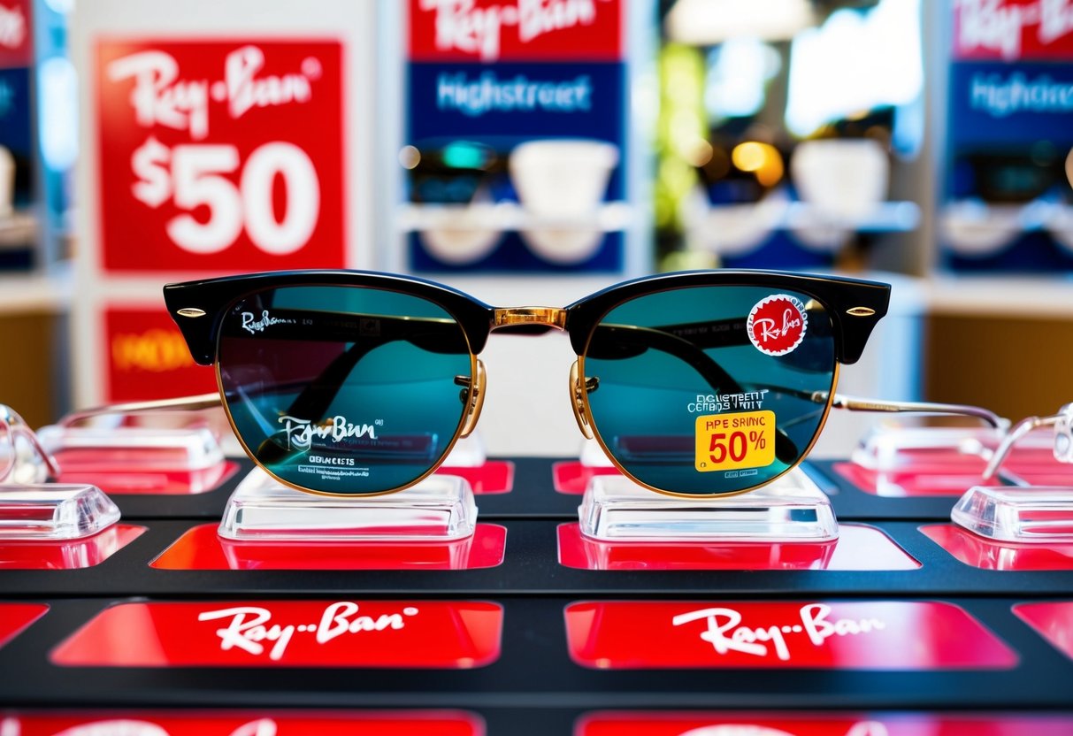 A display of Ray-Ban Highstreet Collection sunglasses with promotional discounts
