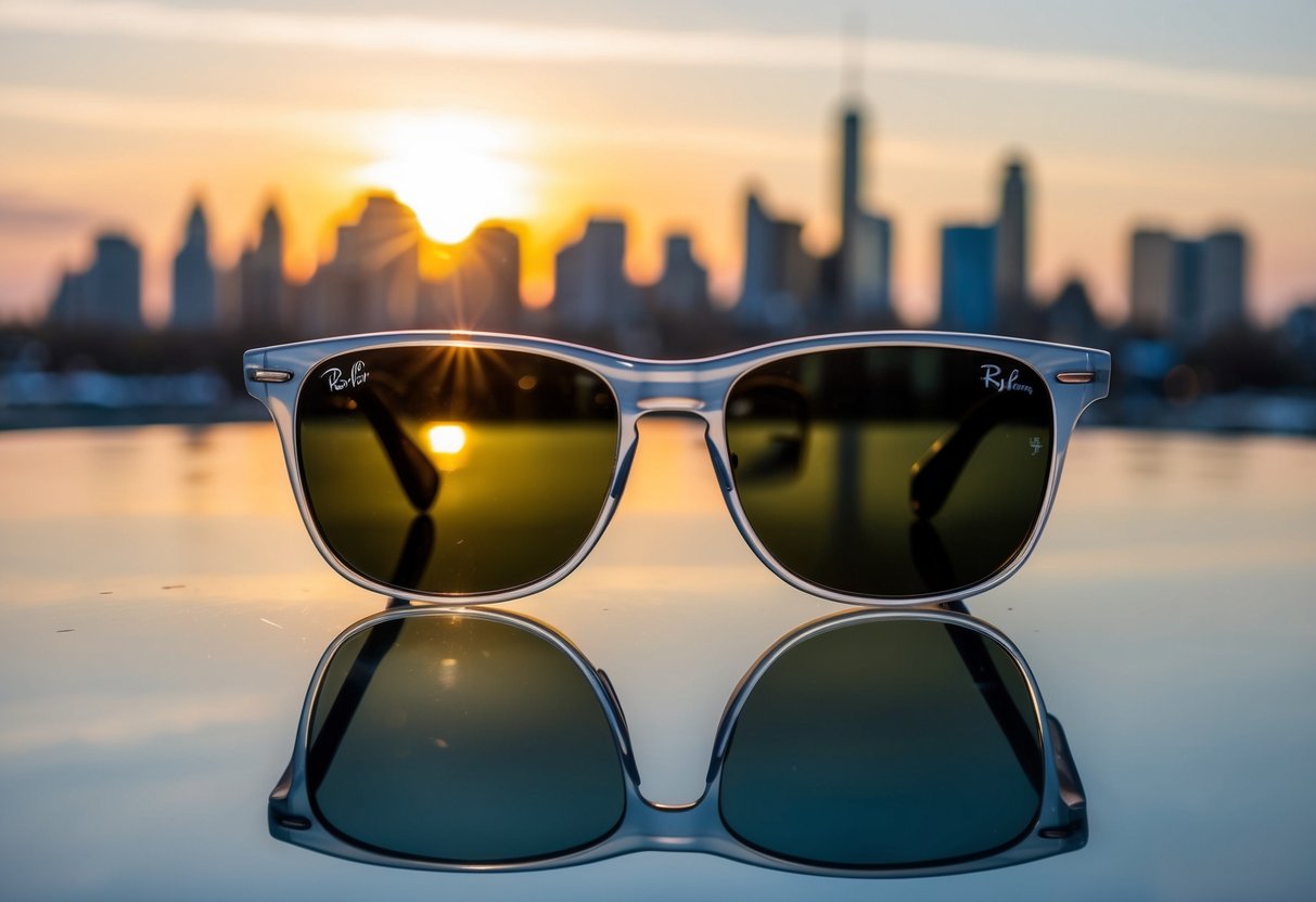 The sun setting behind a city skyline, reflecting off a pair of Ray-Ban Blaze sunglasses on a sleek, modern table