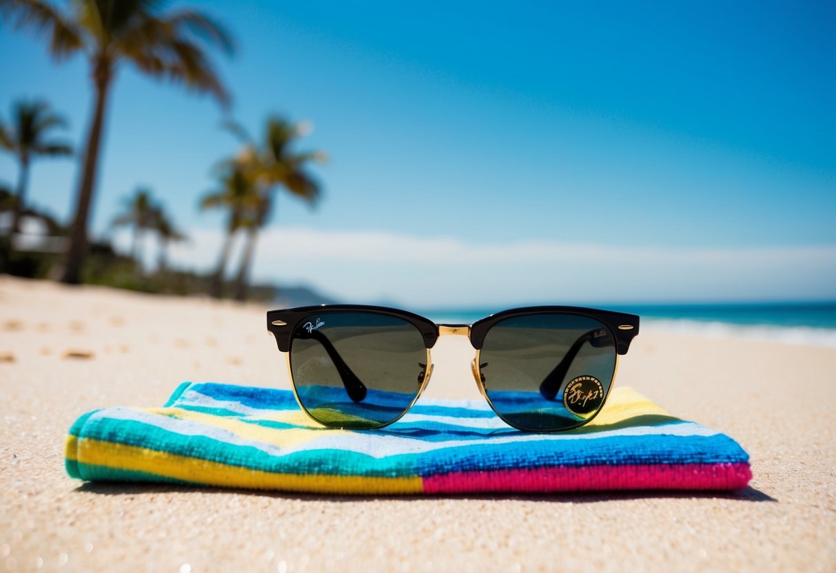 A sunny beach with a pair of Ray-Ban sunglasses resting on a colorful towel, surrounded by palm trees and a clear blue sky