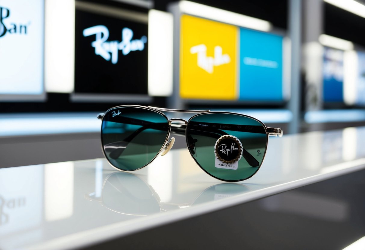 A pair of Ray-Ban sunglasses displayed on a sleek, modern store shelf, surrounded by promotional signs and banners