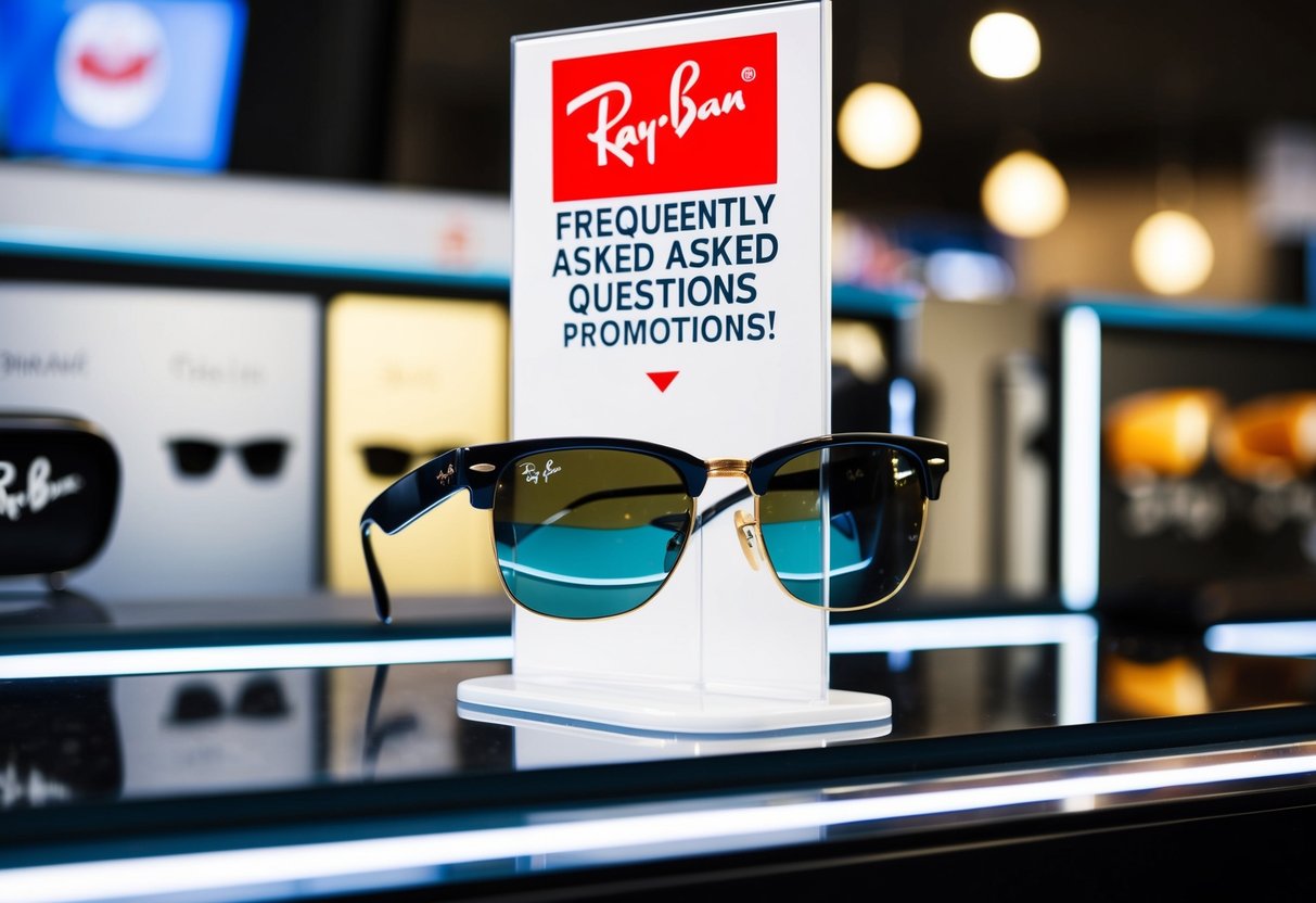 A display of Ray Ban sunglasses with a sign promoting frequently asked questions about promotions