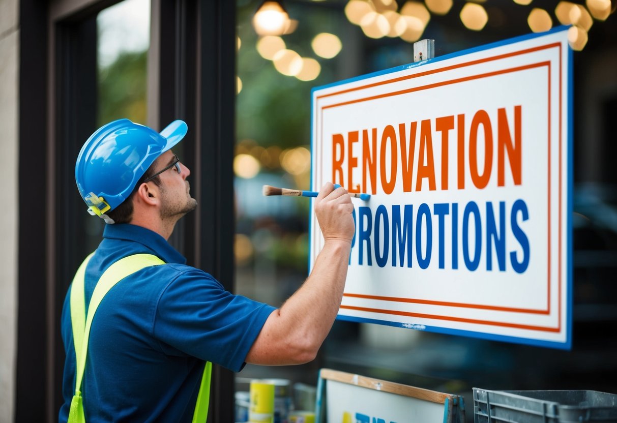 A construction worker painting a "Renovation Promotions" sign on a storefront window