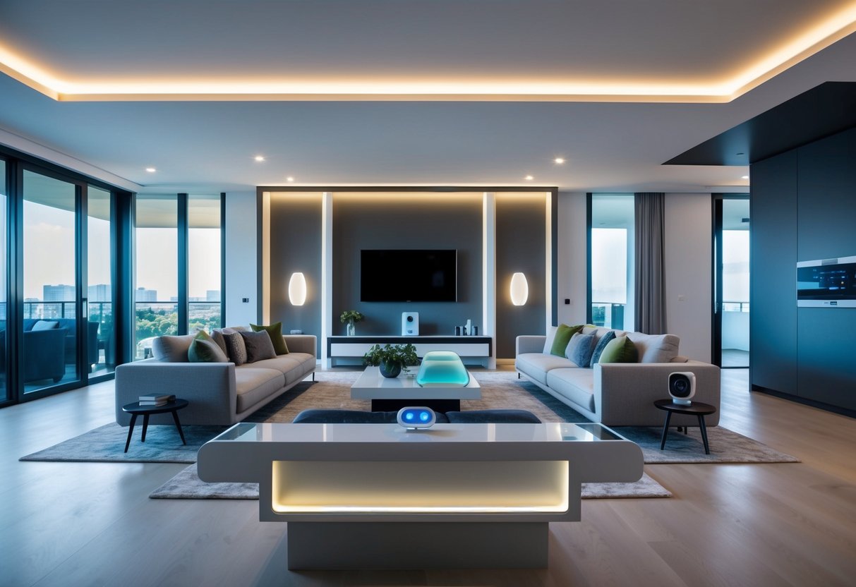 A modern, sleek smart home with voice-activated devices and automated systems. Upgraded tech seamlessly integrated into every room