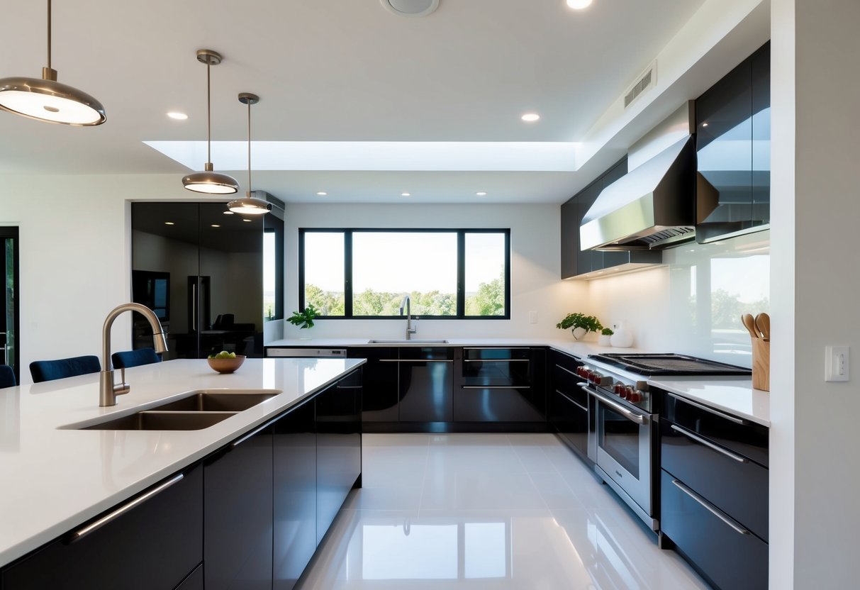 A bright, open kitchen with clean lines, stainless steel appliances, and minimalist design. A sleek island and glossy cabinets complete the modern look