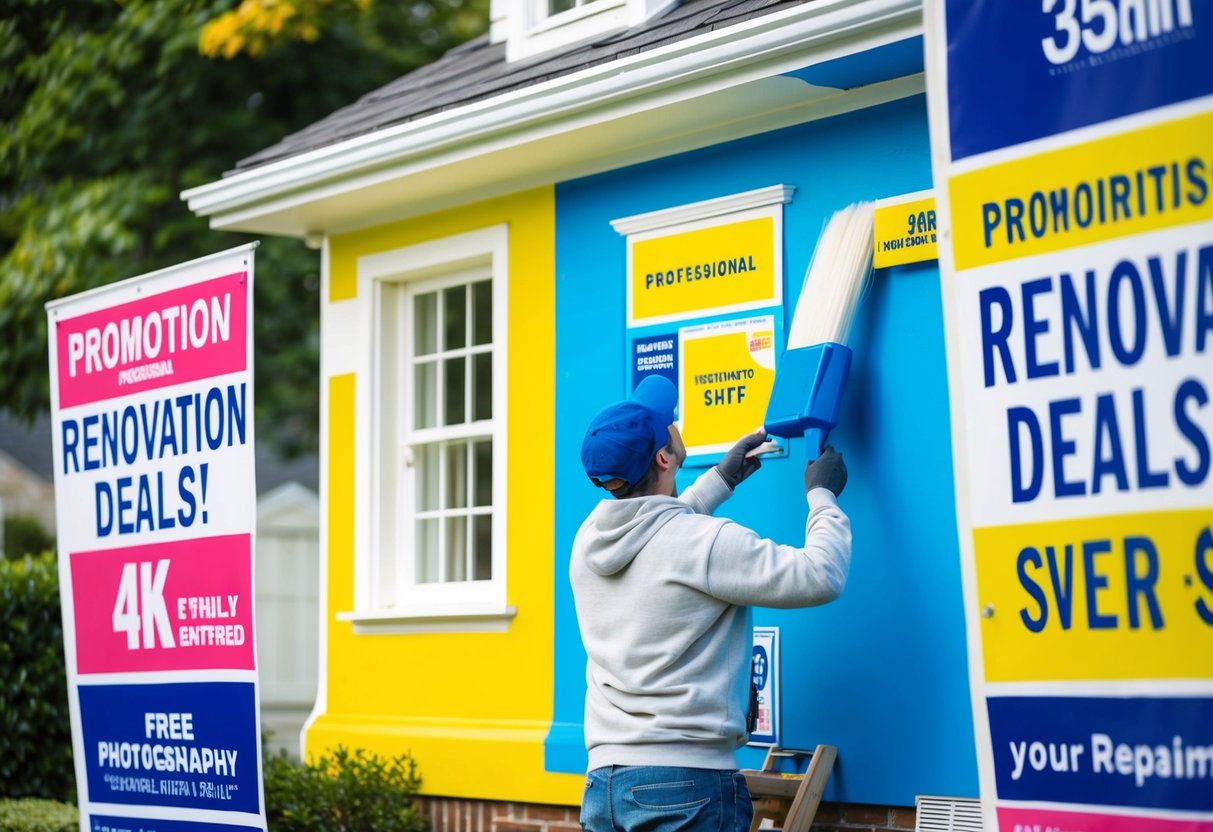 A house being repainted with bright, fresh colors, surrounded by promotional banners and signs advertising renovation deals