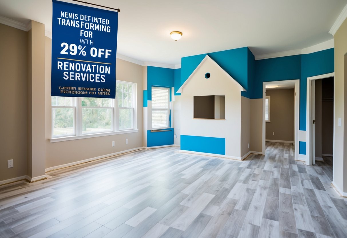 A house being transformed with new paint, flooring, and fixtures. A banner advertises discounts on renovation services
