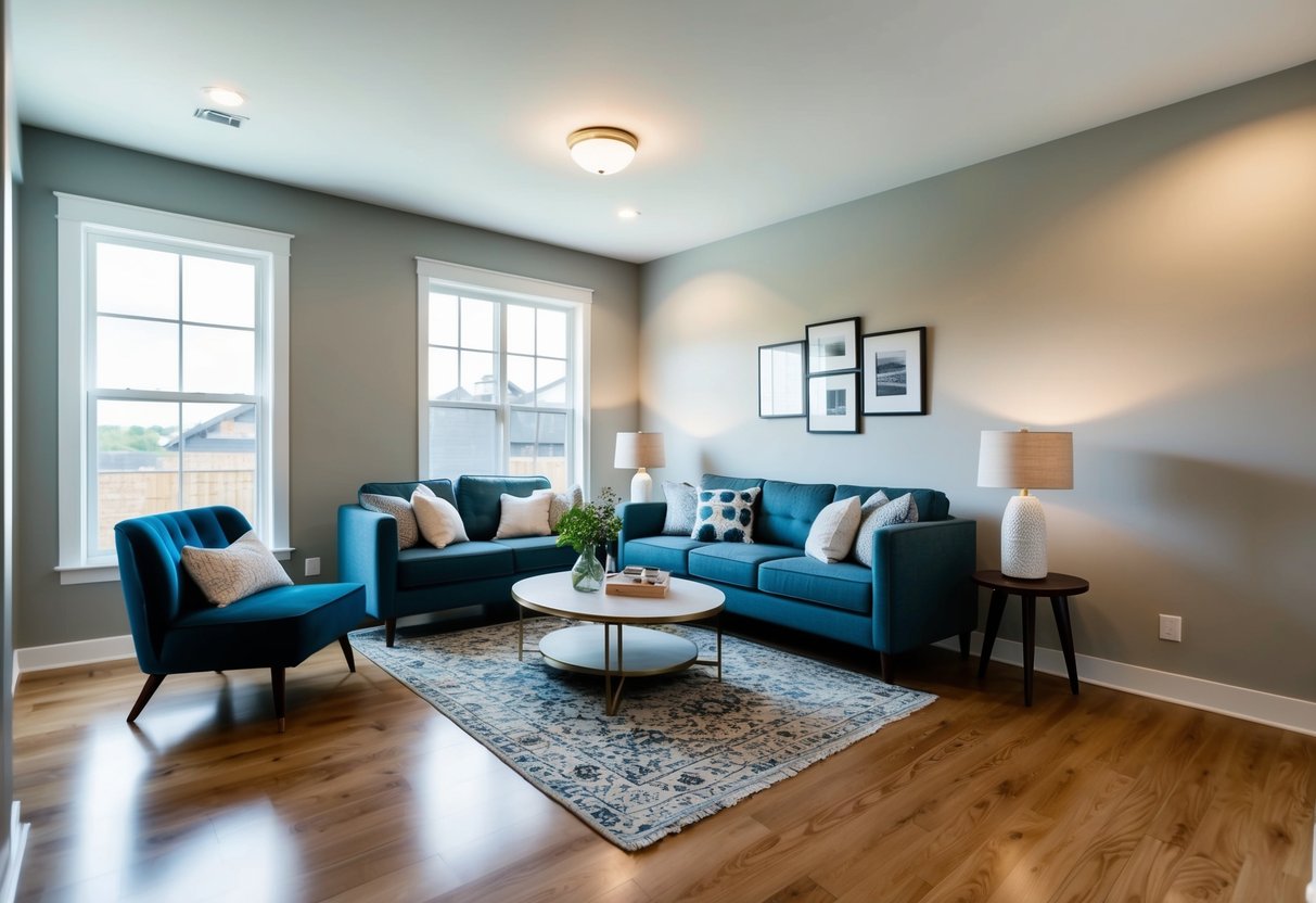 A family room with modern furniture and bright lighting, showcasing newly renovated walls and flooring