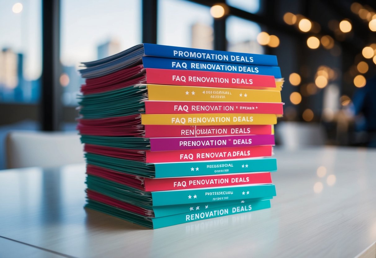A stack of colorful promotional flyers for FAQ renovation deals