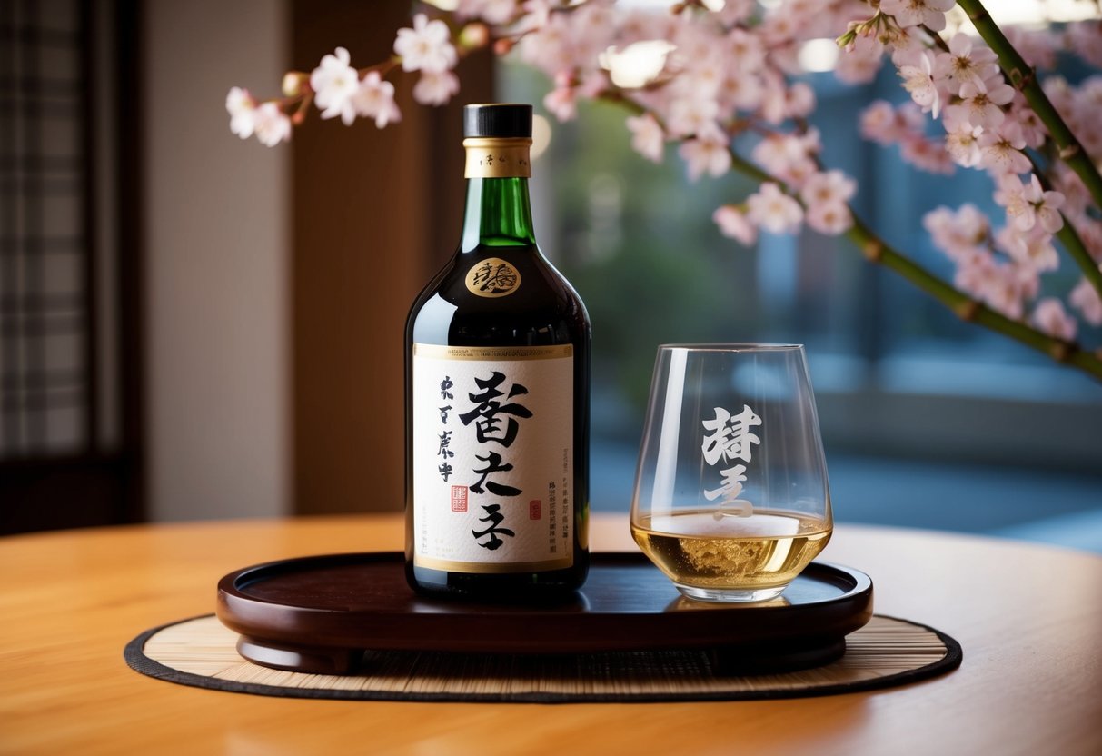 A traditional Japanese sake bottle and glass displayed on a wooden table with decorative elements such as cherry blossoms and bamboo