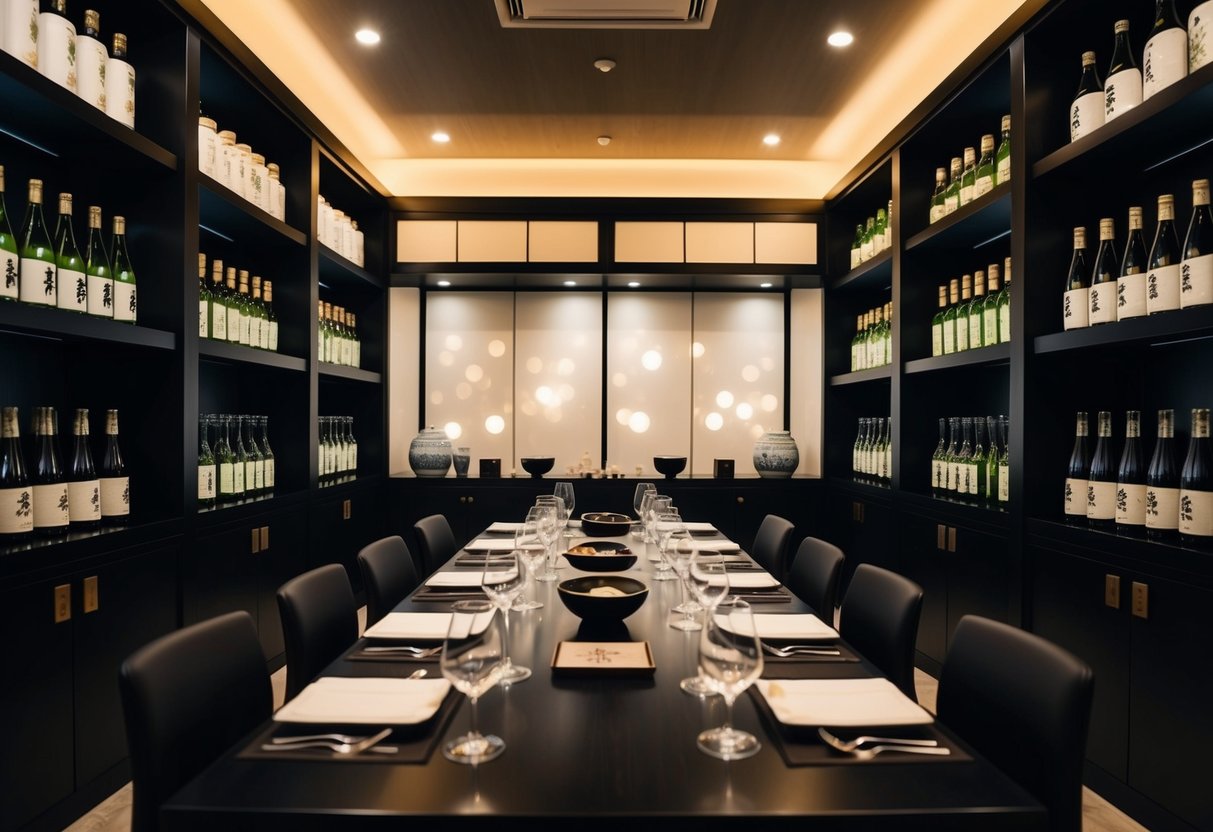A serene, dimly lit room with shelves of sake bottles, elegant glassware, and a central table set for a tasting event