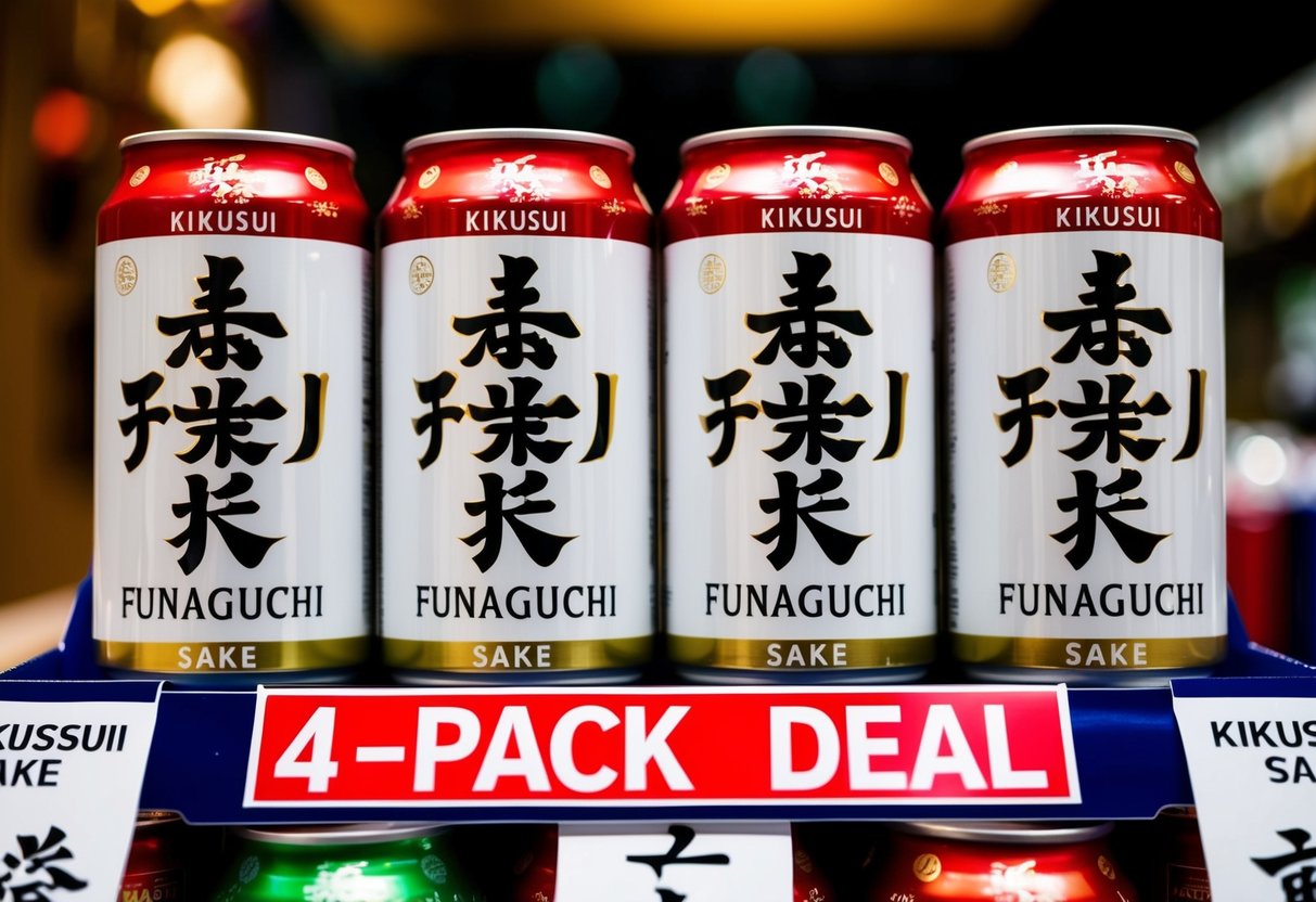 Four Kikusui Funaguchi sake cans arranged in a promotional display with a "4-pack Deal" sign